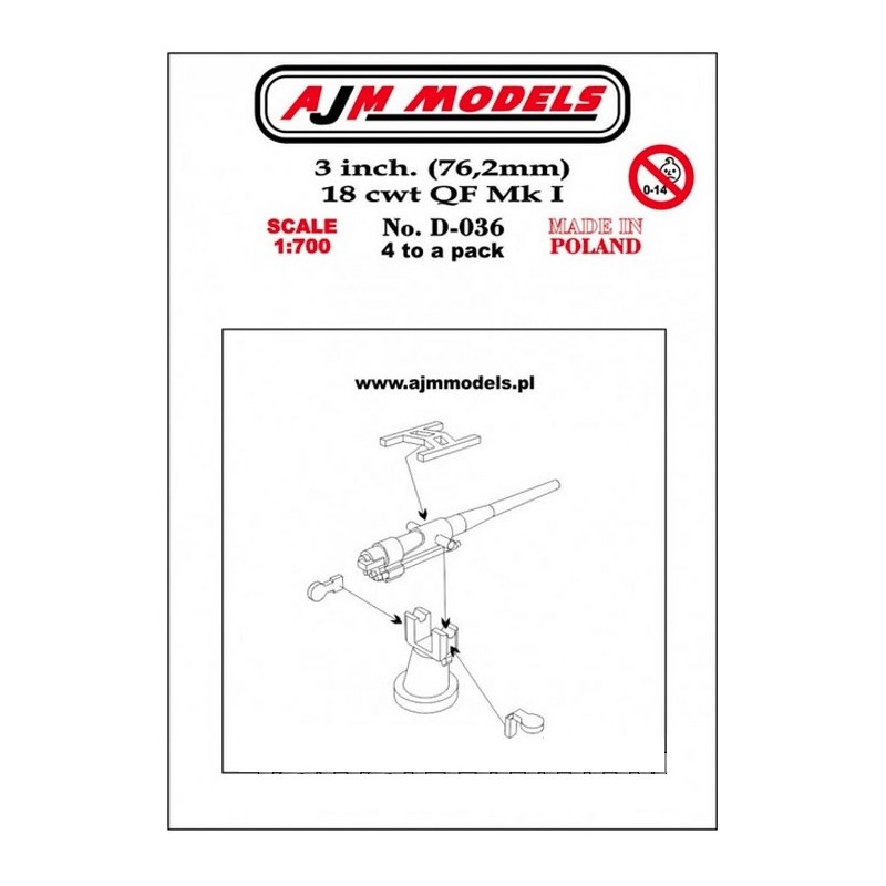 AJM Models - D036 - 3 Pouces. (76,2 Mm) 18 Quintaux Qf Mk I 1:700