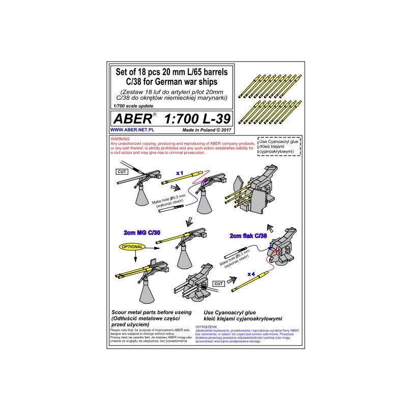 Aber	S 1:700 L-039	Set de 18 pièces 20 mn L/65 barels C/38 For german War ships