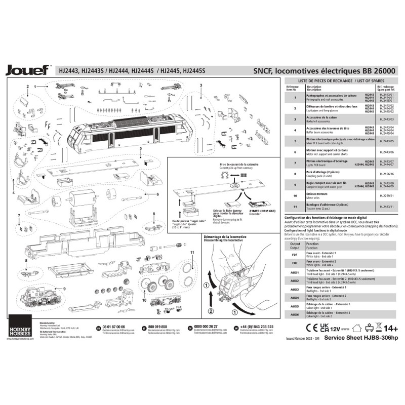Jouef HO BB26000 – HJ2444-02 – Diffuseurs de Lumière et Vitres des feux