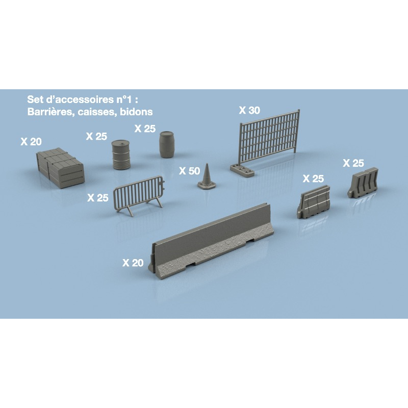 L’Arsenal 3D700-582 – Set d’Accessoires 1 : Barrières, Caisses, Bidons (1/700, impression 3D)