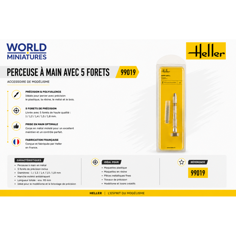 Heller 99019 – Perceuse à main avec 5 forets (1 / 1,2 / 1,4 / 1,5 / 1,8 mm)