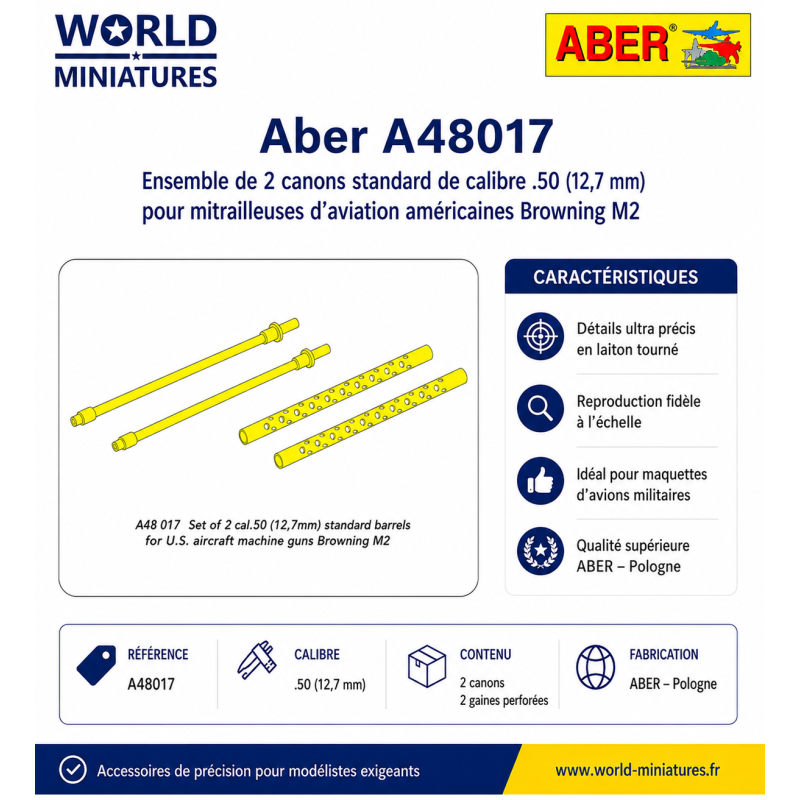 Aber A48017 - Ensemble de 2 canons standard de calibre .50 (12,7 mm) pour mitrailleuses d'aviation américaines Browning M2