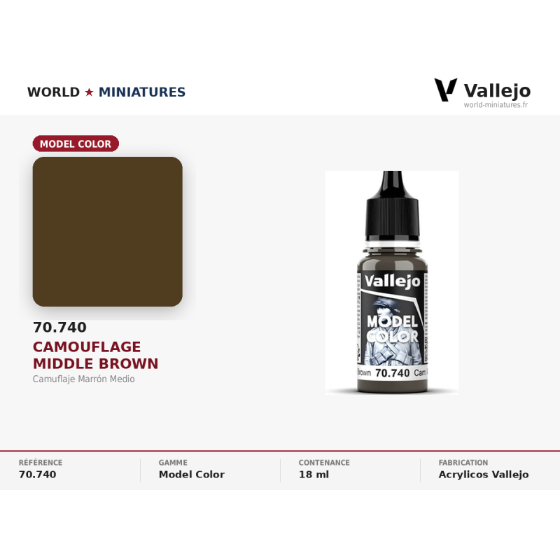 Vallejo 70.740 Camouflage Marron Moyen 18 ML – Peinture Acrylique