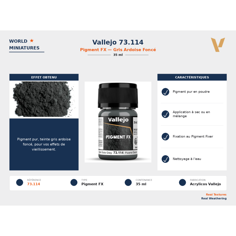 Vallejo 73.114 Pigment Gris Ardoise Foncé 35 ml – Effets Spéciaux