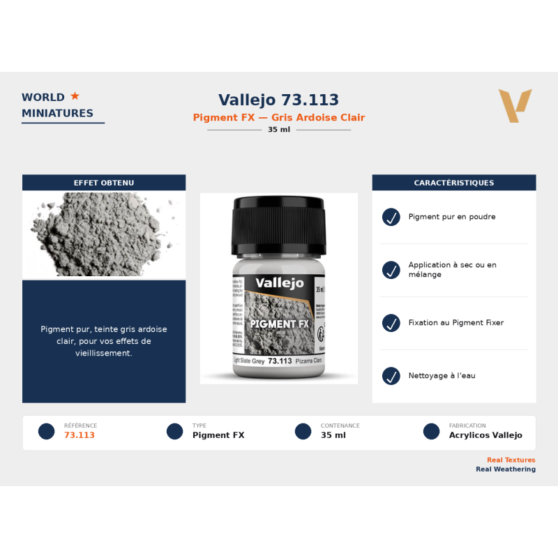 Vallejo 73.113 Pigment Gris Ardoise Clair 35 ml – Effets Spéciaux