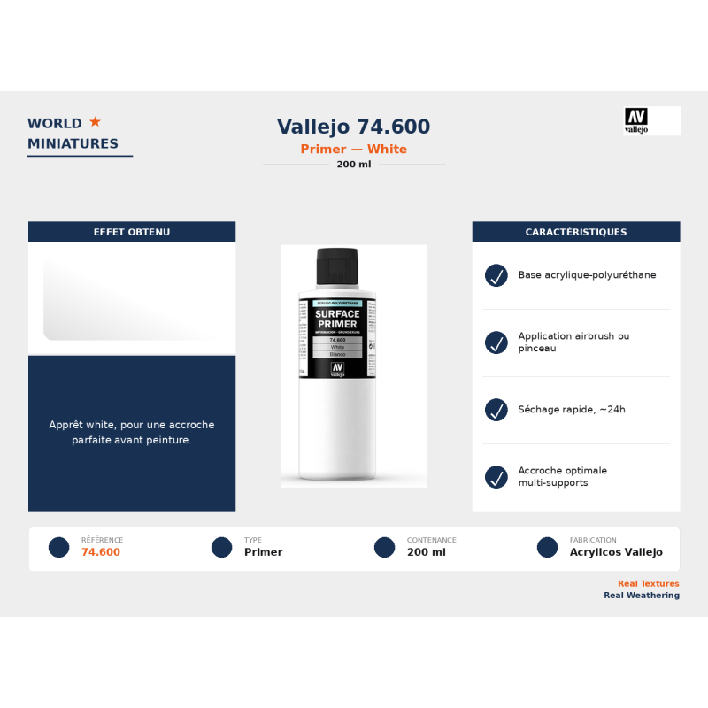 Vallejo 74.600 Apprêt Blanc 200 ml – Primer Acrylique