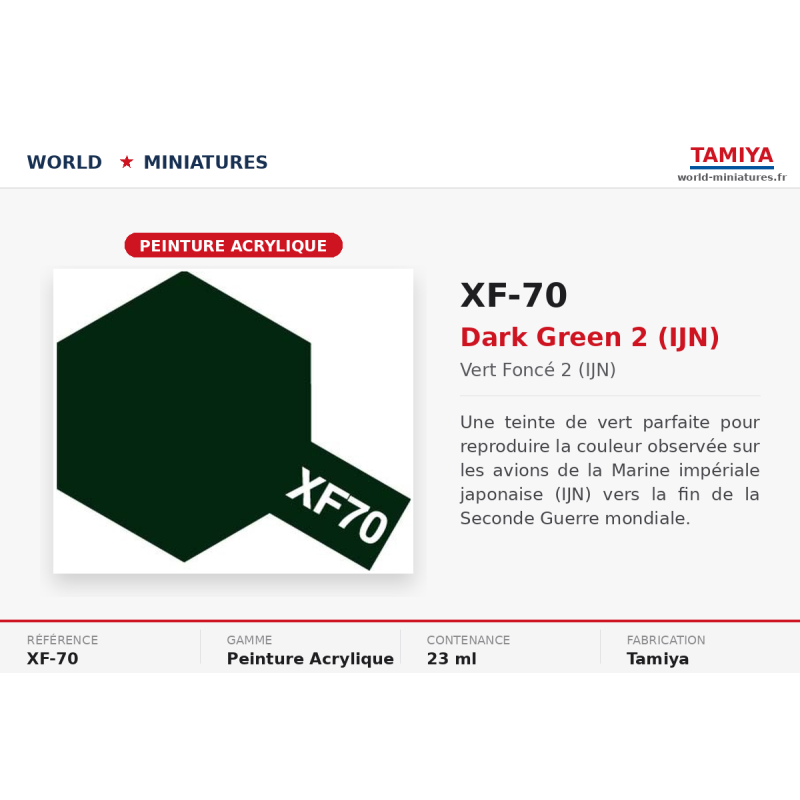 Tamiya 81770 – Vert foncé 2 XF-70 (10 ml) – Peinture Acrylique Modélisme