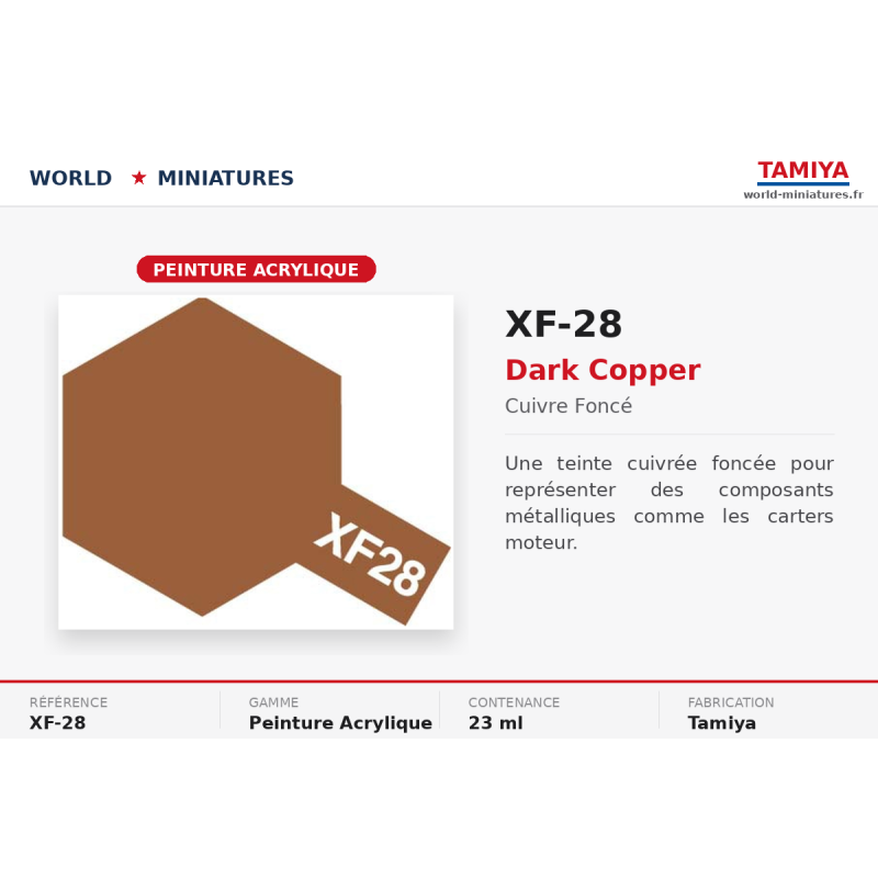 Tamiya 81728 – Cuivre Bronze XF-28 – Peinture Acrylique Métallisée Mate 10 ml