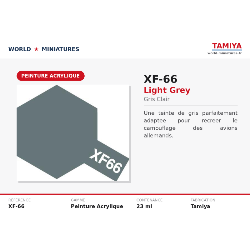 Tamiya 81766 – Gris clair mat XF-66 (10 ml) – Peinture Acrylique