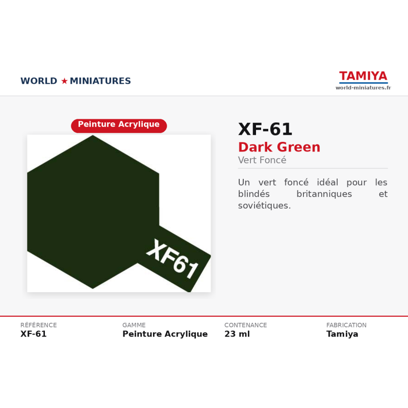 Tamiya 81761 – Vert Foncé Mat XF-61 – Peinture Acrylique Blindé WWII 10 ml