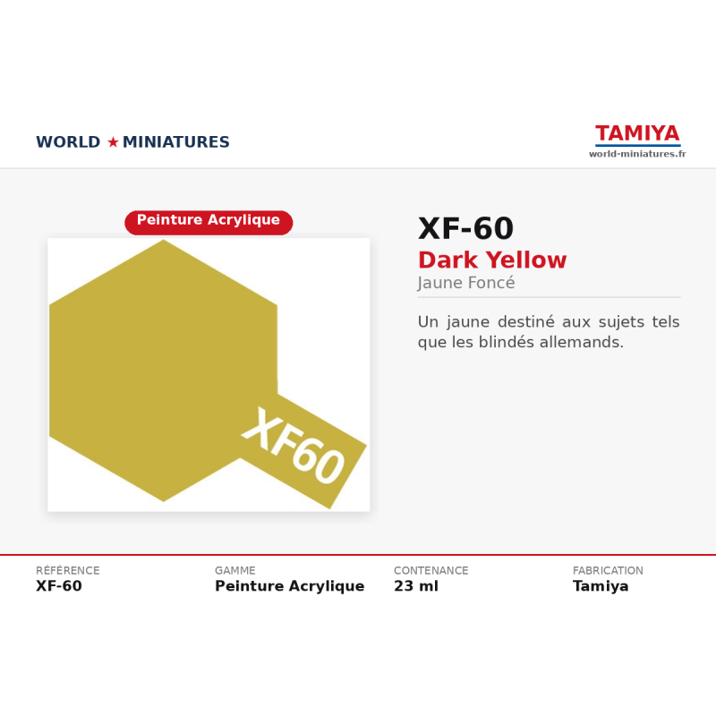 Tamiya 81760 – Jaune Foncé Mat XF-60 – Peinture Acrylique Camouflage 10 ml