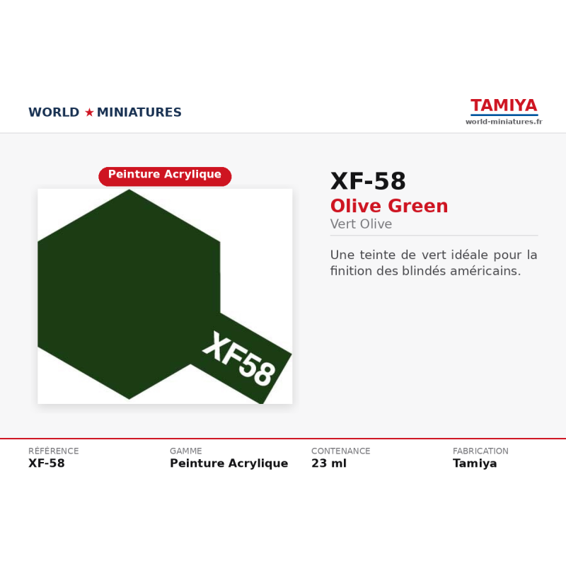Tamiya 81758 – Vert Olive Foncé XF-58 – Peinture Acrylique Camouflage 10 ml