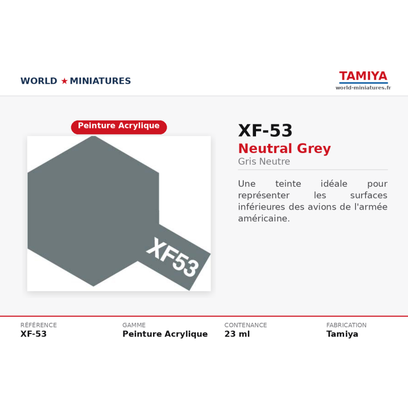 Tamiya 81753 – Gris Neutre Mat XF-53 – Peinture Acrylique Mate 10 ml