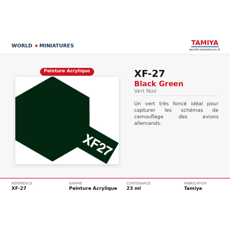 Tamiya 81727 – Vert Noir Mat XF-27 – Peinture Acrylique Mate 10 ml