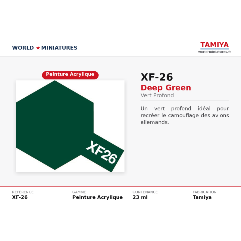 Tamiya 81726 – Vert Foncé Mat XF-26 – Peinture Acrylique Mate 10 ml