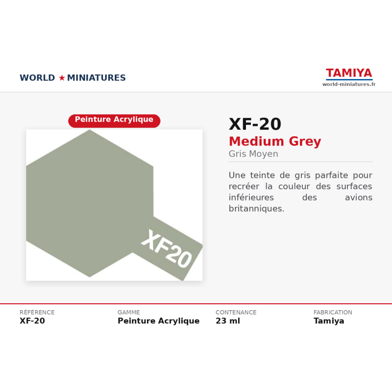 Tamiya 81720 – Gris Moyen Mat XF-20 – Peinture Acrylique Mate 10 ml