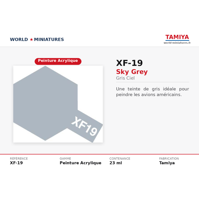 Tamiya 81719 – Gris Ciel Mat XF-19 – Peinture Acrylique Mate 10 ml