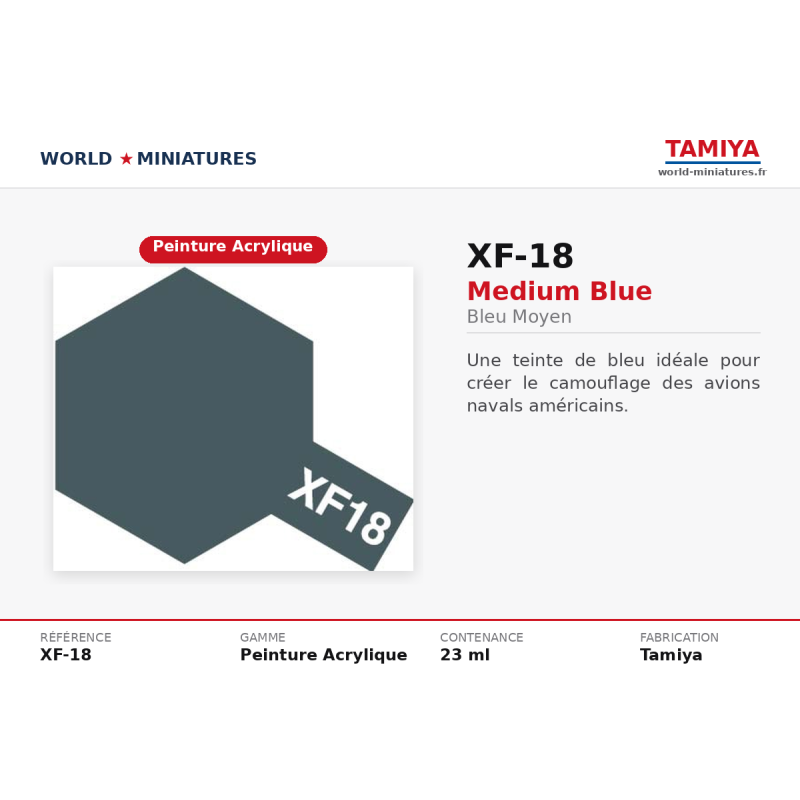 Tamiya 81718 – Bleu Moyen XF-18 – Peinture Acrylique Mate 10 ml