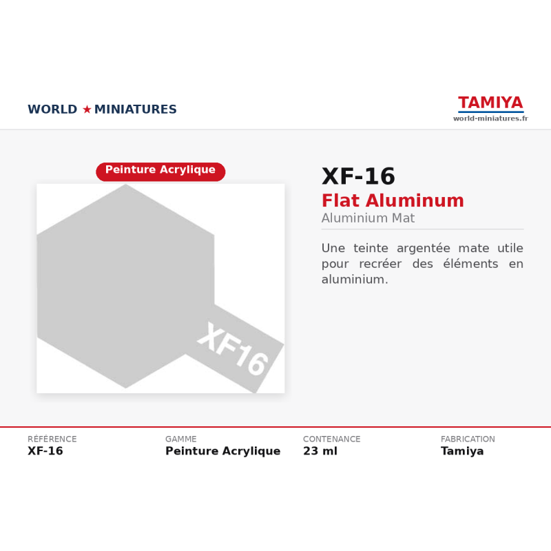 Tamiya 81716 – Aluminium Mat XF-16 – Peinture Acrylique Métallisée Mate 10 ml