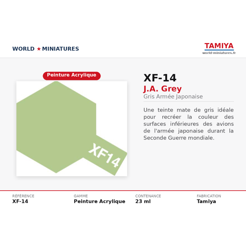 Tamiya 81714 – Gris Armée de l’Air Japonaise XF-14 – Peinture Acrylique Mate 10 ml