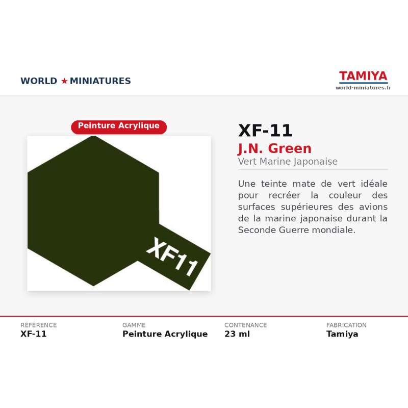 Tamiya 81711 – Vert Aéronavale Japonaise XF-11 – Peinture Camouflage Mate 10 ml