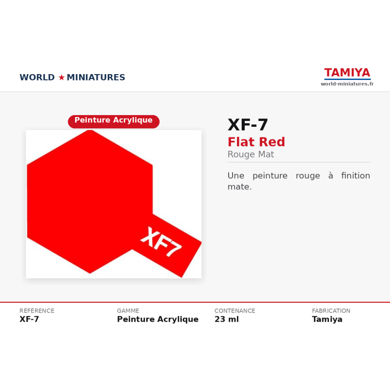 Tamiya 81707 – Rouge Mat XF-7 – Peinture Acrylique Mate 10 ml