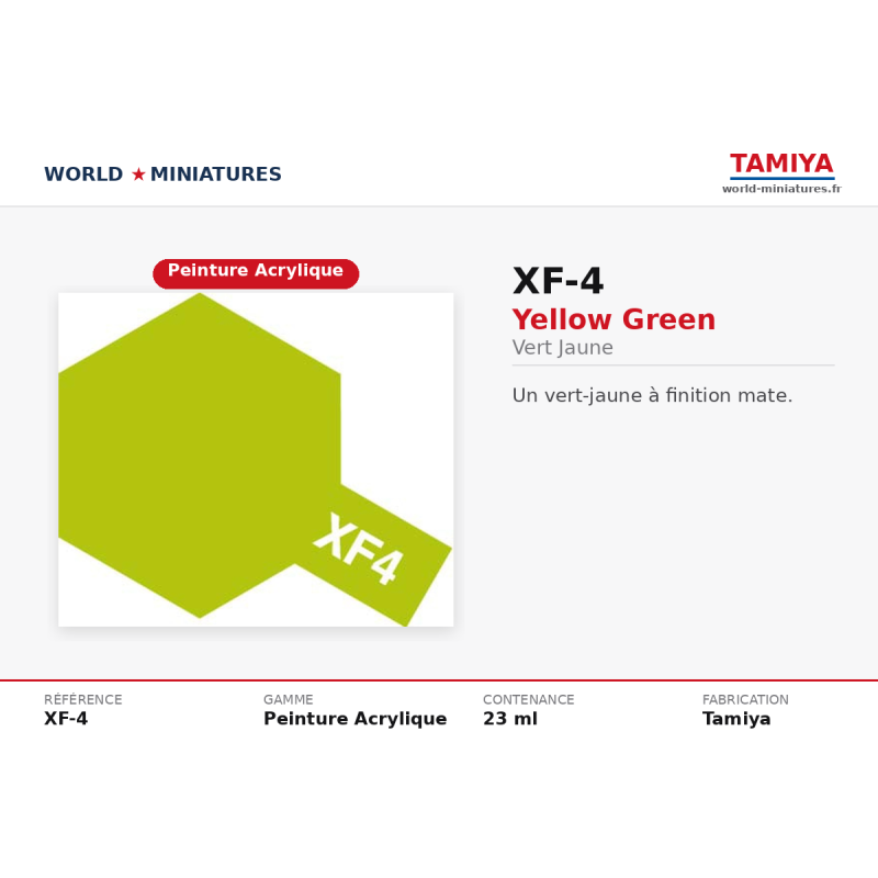 Tamiya 81704 – Vert Jaune Mat XF-4 – Peinture Acrylique Mate 10 ml