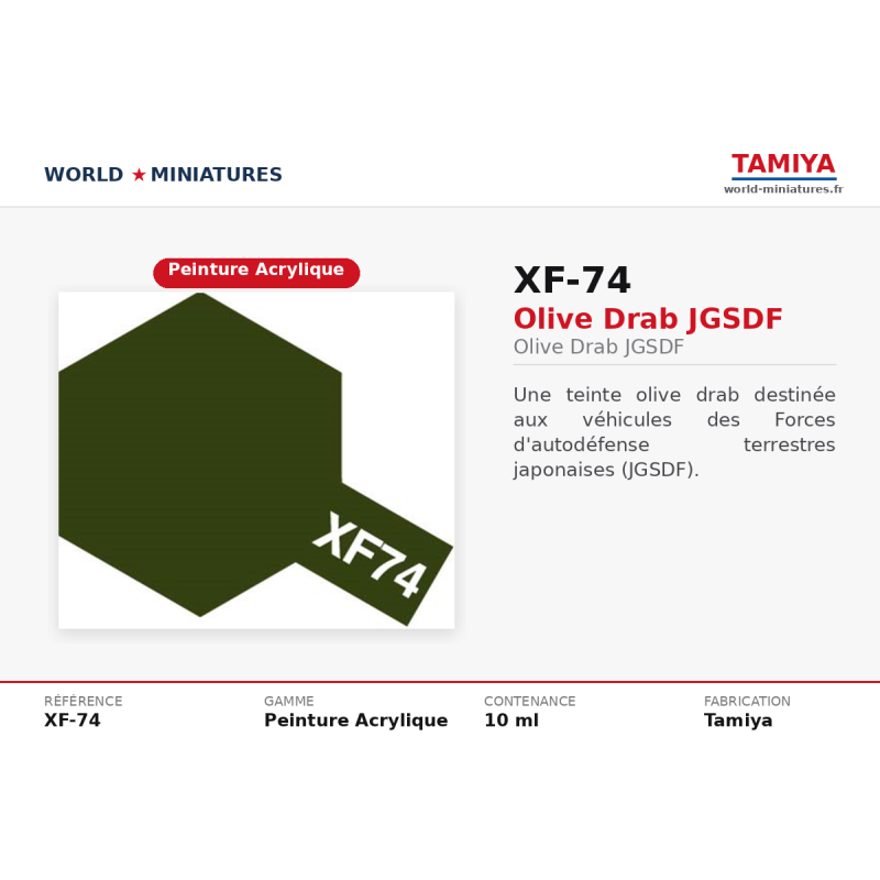 Tamiya 81774 – Olive drab JGSDF XF-74 (10 ml) – Peinture Acrylique