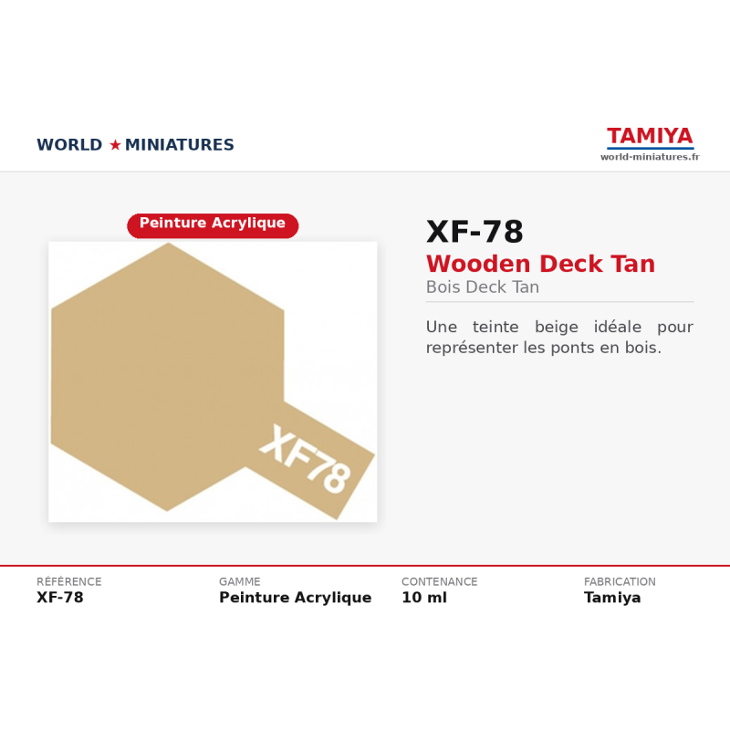 Tamiya 81778 – Bois deck tan XF-78 (10 ml) – Peinture Acrylique