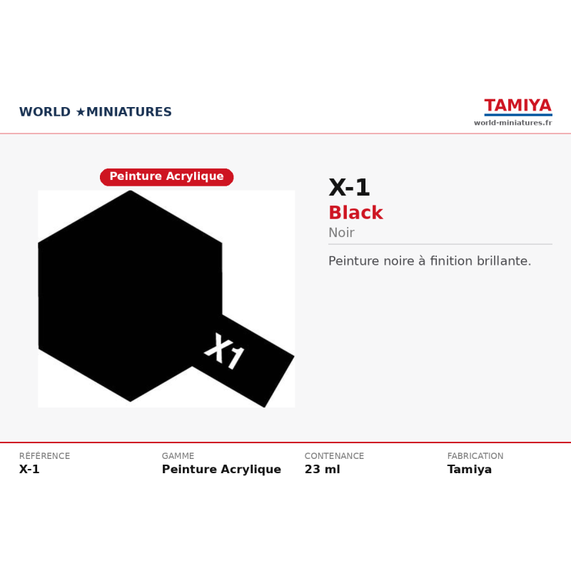 Tamiya 81501 – Noir Brillant X-1 (10 ml) – Peinture Acrylique