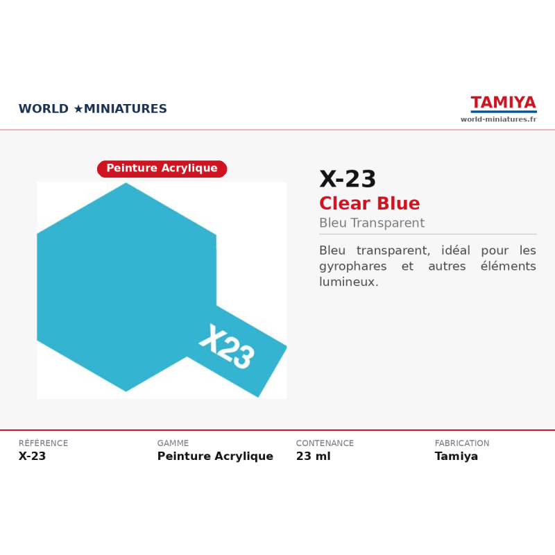 Tamiya 81523 – Bleu Transparent X-23 – Peinture Acrylique Spéciale 10 ml