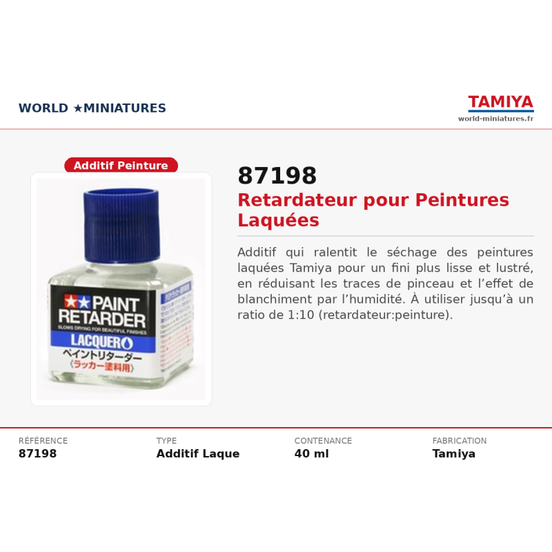 Tamiya 87198 – Retardant Peintures Laquées 40 ml – Additif Peinture