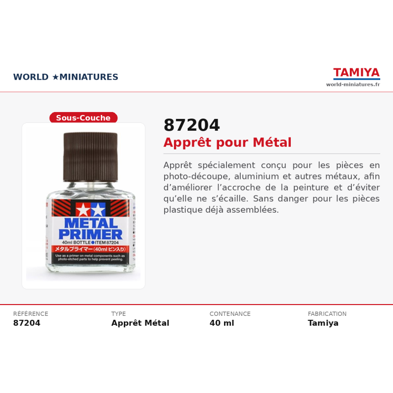 Tamiya 87204 – Apprêt pour Métal 40 ml – Sous-Couche