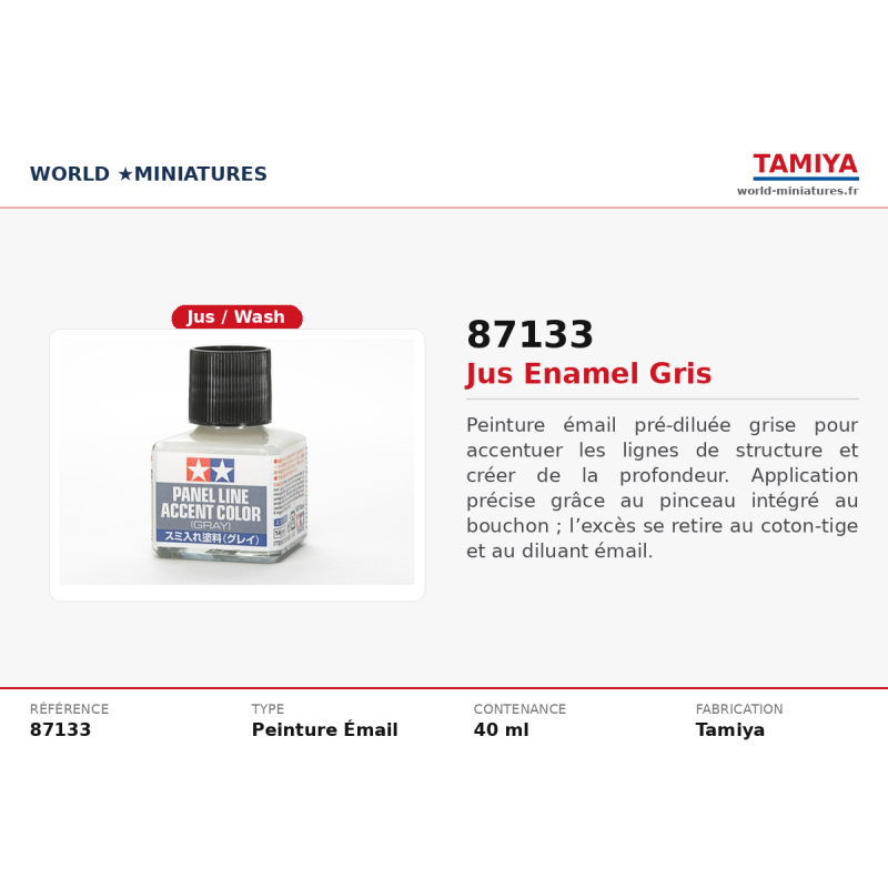 Tamiya 87133 – Lavis enamel gris (40 ml) – Accessoire Modélisme