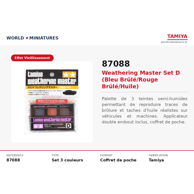 Tamiya 87088 – Weathering Master Set D (bleu brûlé, rouge brûlé, huile)