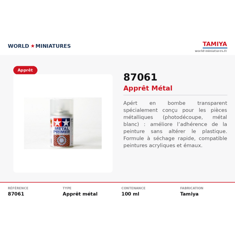 Tamiya 87061 – Apprêt métal (Metal Primer, 100 ml)