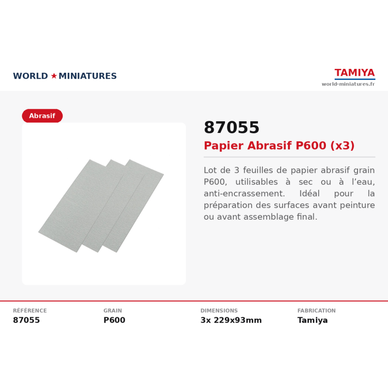 Tamiya 87055 – Papier abrasif P600 (x3)