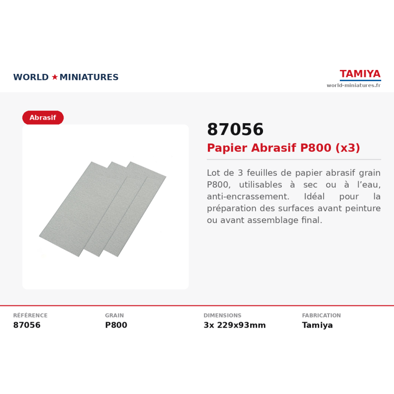 Tamiya 87056 – Papier abrasif P800 (x3) – Accessoire Modélisme