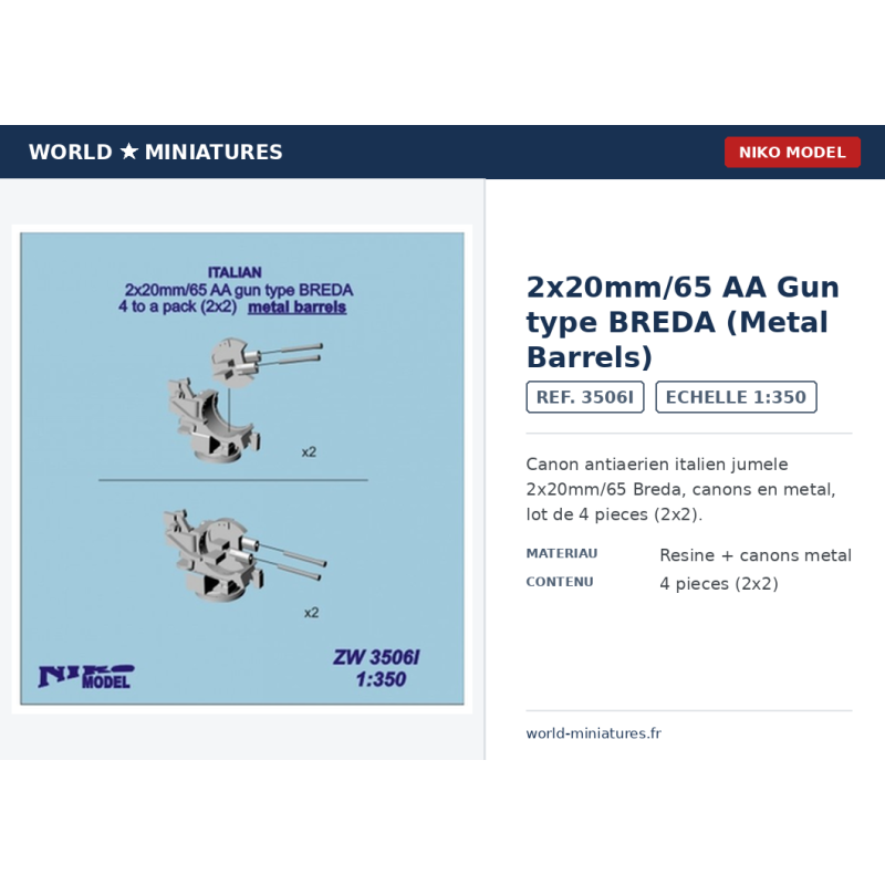 Niko Model 3506I – 2x20mm/65 BREDA AA Guns (Metal Barrels) 1:350