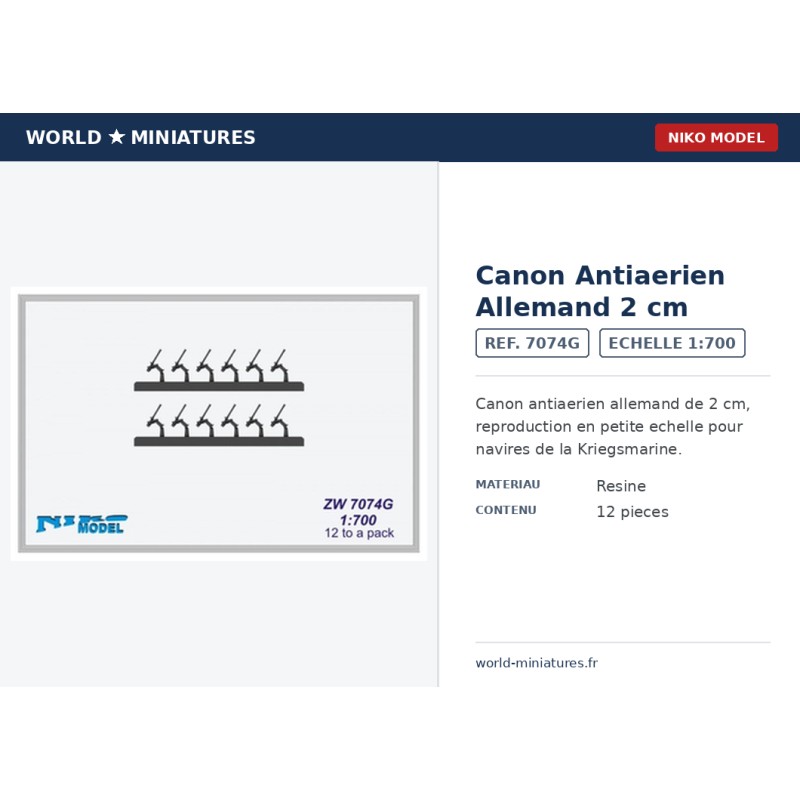 Niko Model 7074G – Canon antiaérien allemand 2 cm – 1/700