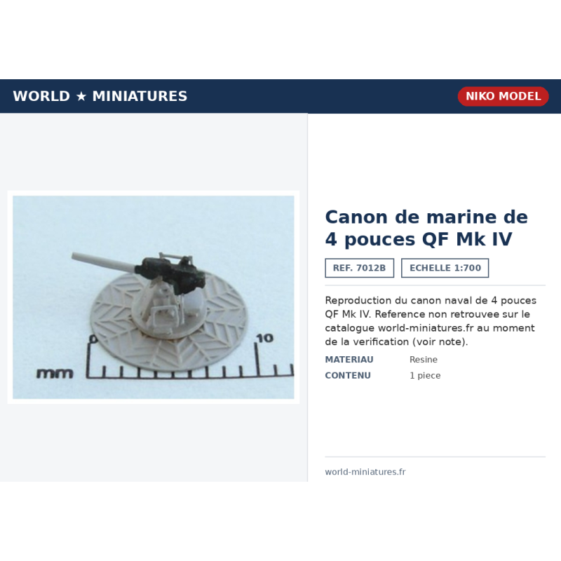 NikoModel	7012B	Canon de marine de 4 pouces QF Mk IV 1/700