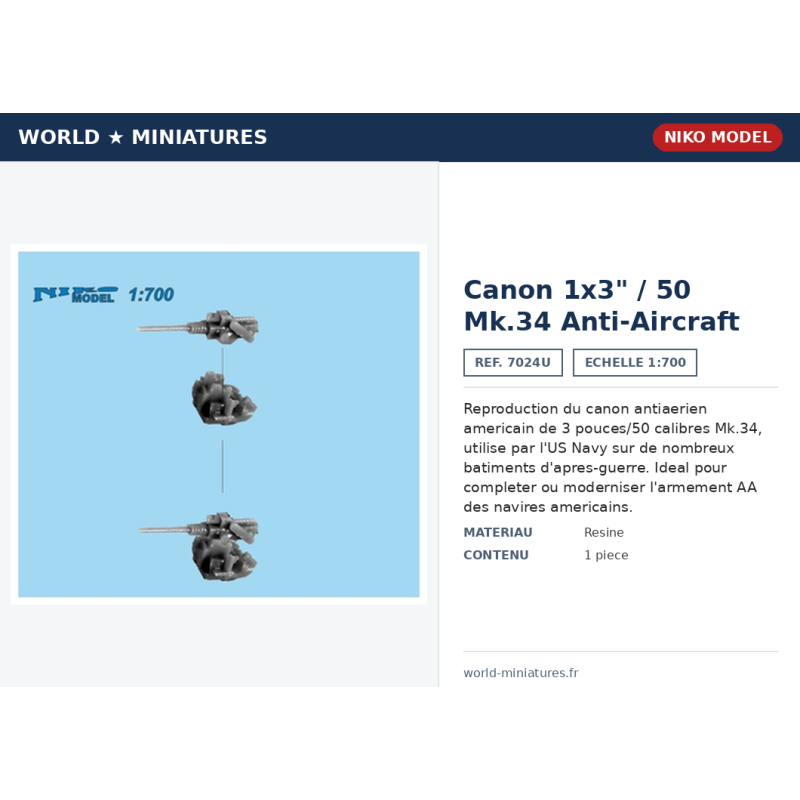 Niko Model 7024U – 1 × 3"/50 Mk.34 Anti-Aircraft – 1/700