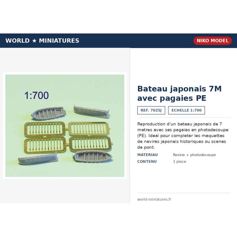 Niko Model 7025J – Bateau japonais 7M avec pagaies PE – 1/700