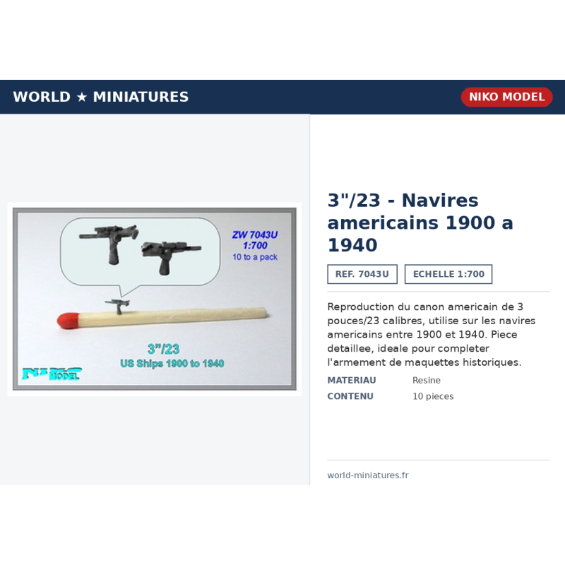 Niko Model 7043U – 3"/23 – Navires américains 1900 à 1940 – 1/700