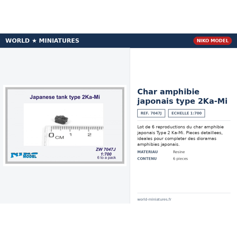 Niko Model 7047J – Char amphibie japonais type 2Ka-Mi (6 par lot) – 1/700