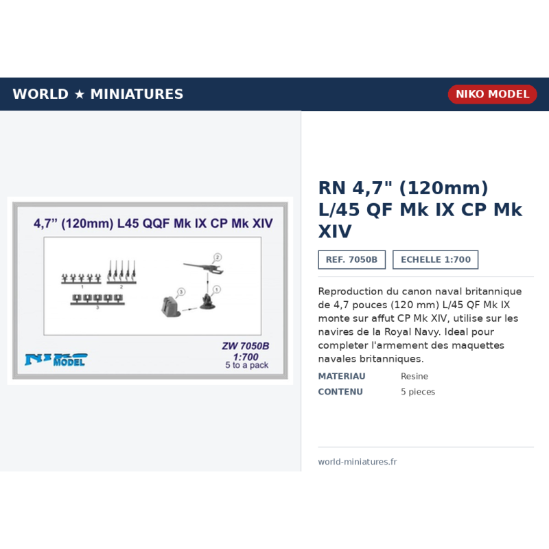 Niko Model 7050B – RN 4,7" (120 mm) L/45 QF Mk IX CP Mk XIV – 1/700