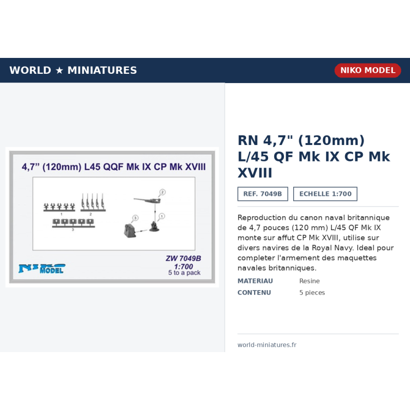 Niko Model 7049B – RN 4,7" (120 mm) L/45 QF Mk IX CP Mk XVIII – 1/700