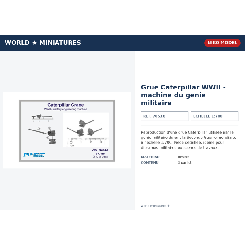 Niko Model 7053X – Grue Caterpillar WWII – machine du génie militaire – 1/700