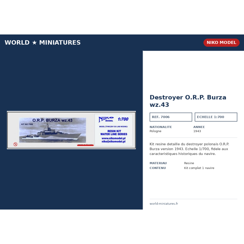 NikoModel 7006 – Destroyer O.R.P. Burza wz.43 (1/700) – Maquette Résine