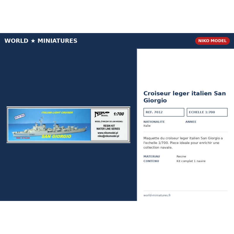 NikoModel 7012 – Croiseur léger italien San Giorgio (1/700) – Maquette Résine